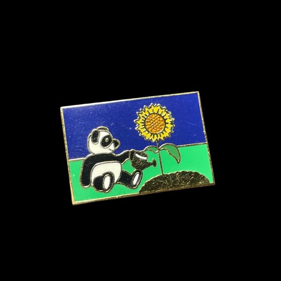 Panda Watering Sunflower in Field Enamel Brooch Pin Vintage - Picture 2 of 4
